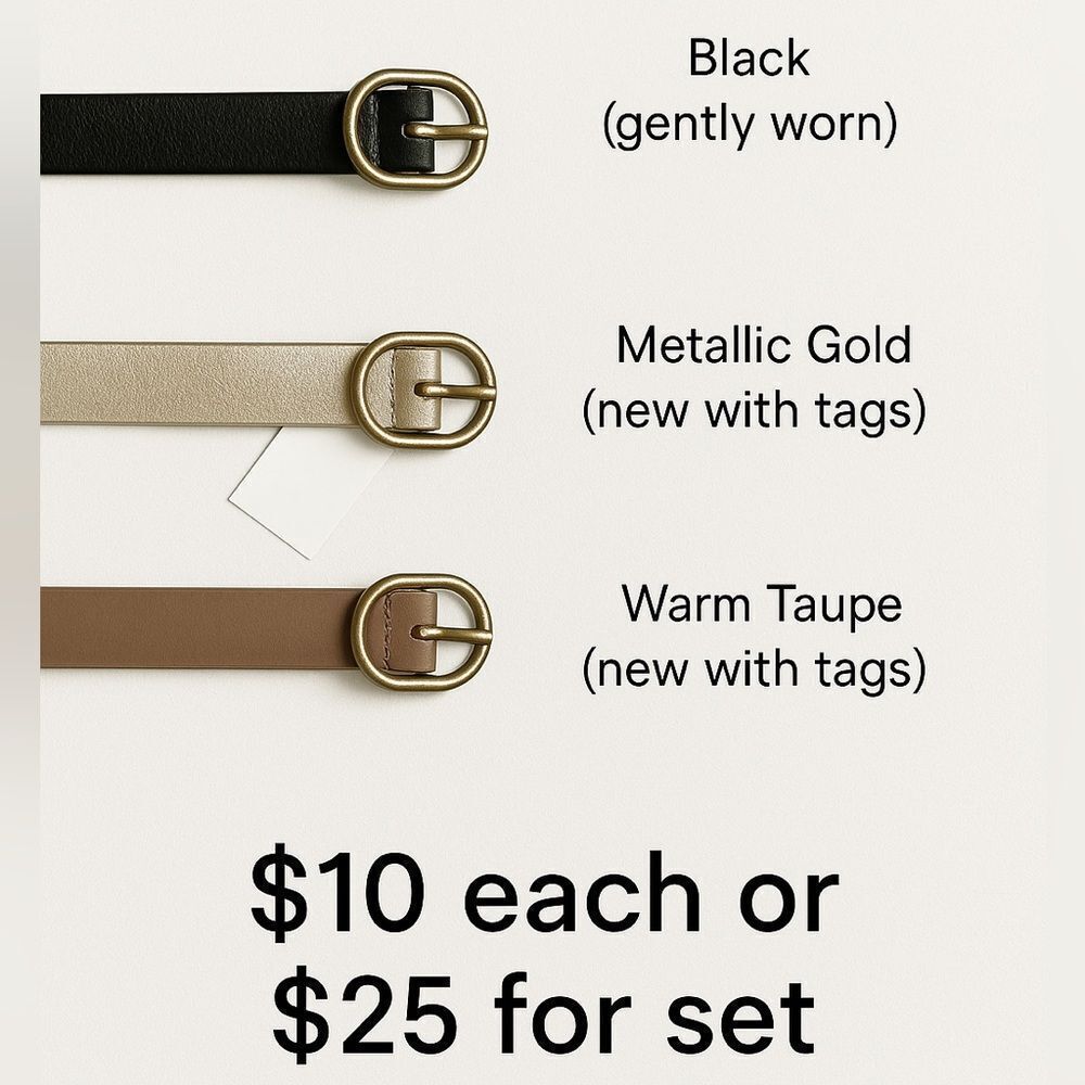Set of 3 Belts | Faux Leather | Gold, Brown & Black | Gold Buckles | Size Small